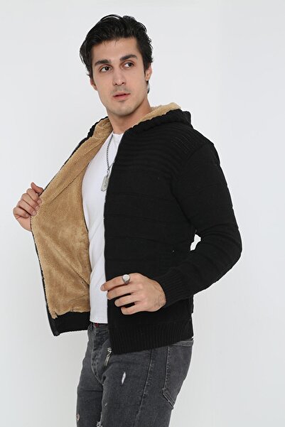 KMKkombin Men's Black Fur Lined Hooded Knitwear Knitted Cardigan