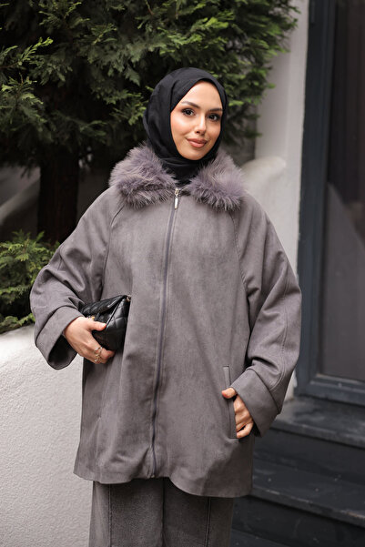 İmajButik Anthracite Collar Fur Detailed Suede Jacket