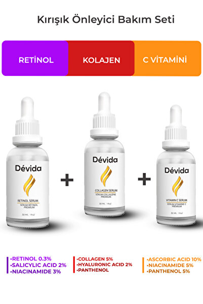 Devida Retinol + Kolajen + C Vitamini Serum 3 lü Set Kırışıklık Alın Çizgisi ...