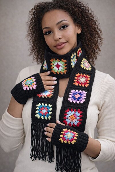 Gönülden Tasarım Set de mănuși fără degete și eșarfe cu motive etnice, tricot...