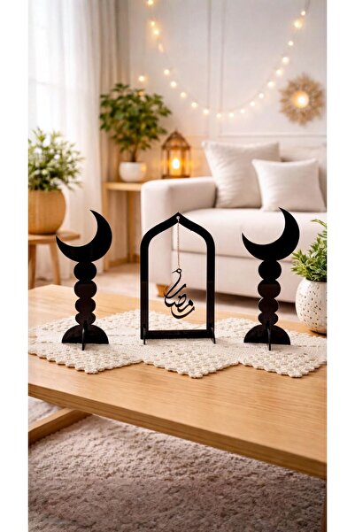 LAZORİAE Ramazan Temalı Siyah Pleksi Masaüstü Dekor – Hilal ve “Ramazan” Yazılı