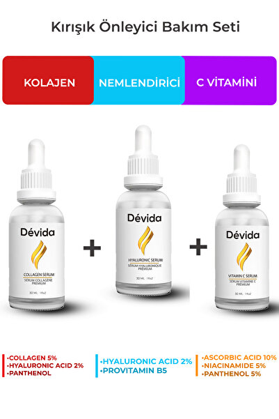 Devida Kolajen + Nemlendirici + C Vitamini Serum 3 lü Set Kırışıklık Alın Çiz...