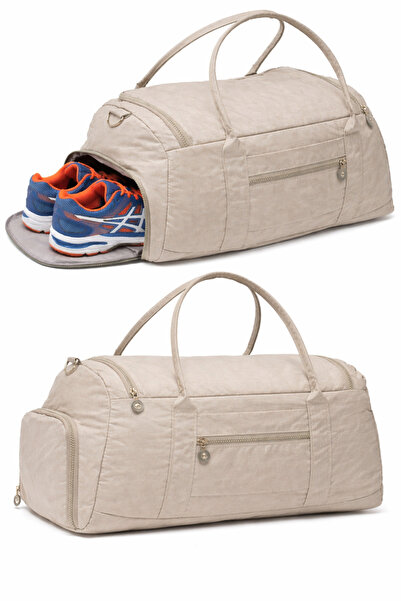 KAFF Bej Krinkıl Kumaş Ayakkabı Bölmeli 0818 Önü Cepli Su Geçirmez Omuz Askıl...