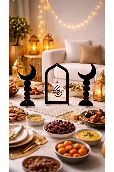 LAZORİAE ديكور سطح المكتب من البليكسي الأسود بتصميم رمضان - مع هلال وكتابة 'ر...