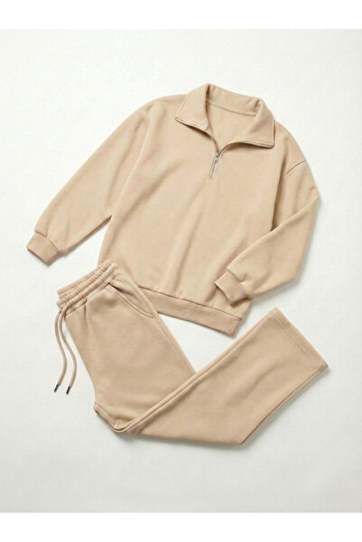 HayKids Erkek Çocuk Bej Fermuarlı Alt Üst Eşofman Takım 10-11-12-13-14 Yaş