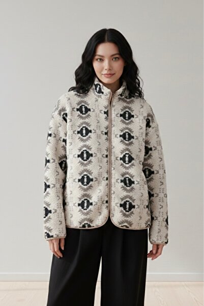 BANEGA سترة رياضية منقوشة باللونين الأسود والبيج مع جيوب وسحاب قصة فضفاضة