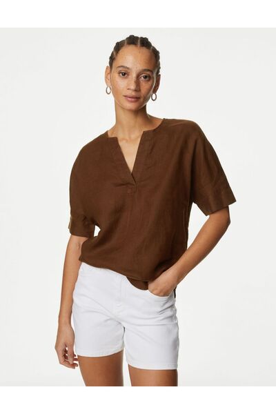 Marks & Spencer Kısa Kollu Keten Popover Bluz