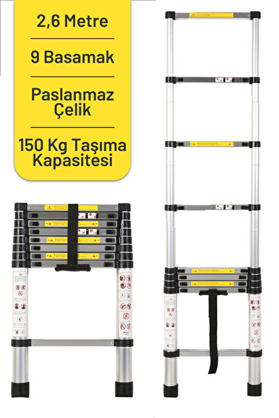 İronika Kolay Taşınabilir Paslanmaz Çelik Teleskopik Merdiven 2,6 Metre 9 Bas...
