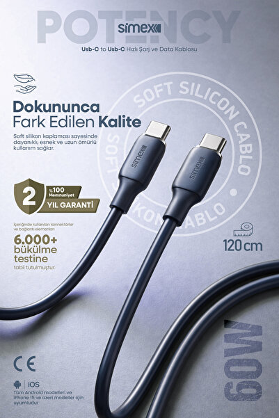 Simex 60W Hızlı Şarj Type-C Kablosu–İphone, Samsung, Redmi, Uyumlu, Soft Sili...