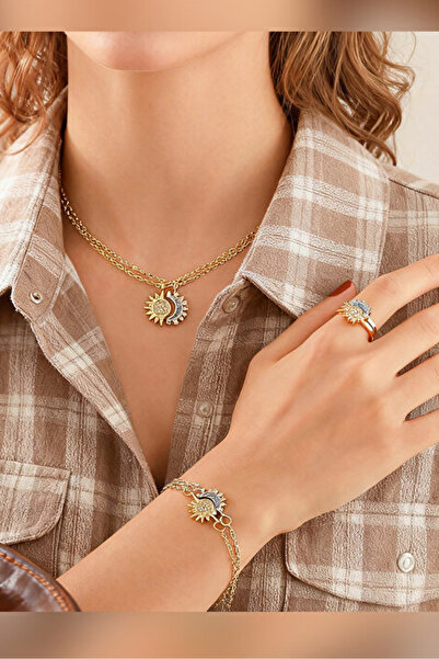 The Collection 2'li Gökyüzü Mavisi Işıltılı Güneş ve Hilal Ay Çift Arkadaşlık...