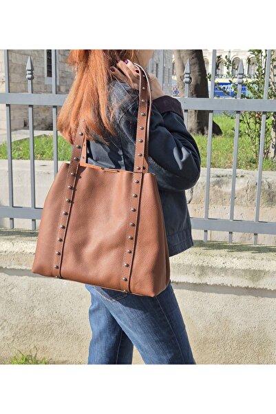 Ysmn Hakiki Deri Zımba Detaylı Kadın Omuz Çantası YC012075DRL