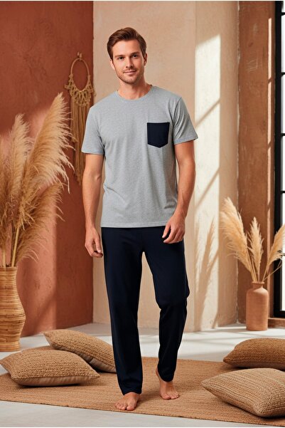 LİLA İÇ GİYİM Ανδρικό σετ πιτζάμες από βαμβάκι με κοντά μανίκια και γκρι τσέπες
