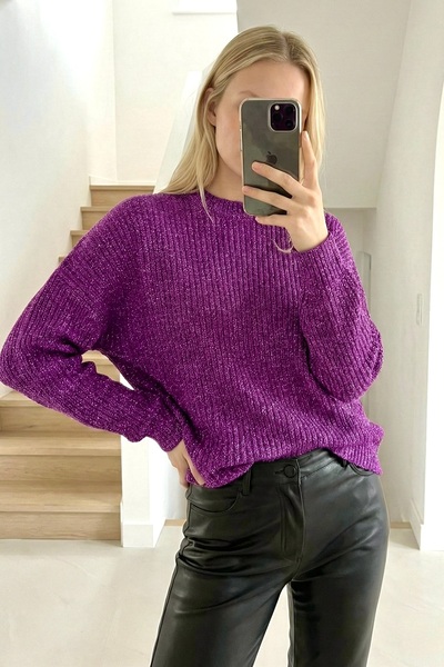 lamea Kadın Oversize Kalın Örgü Triko Kazak – Yumuşak Dokulu – Mor