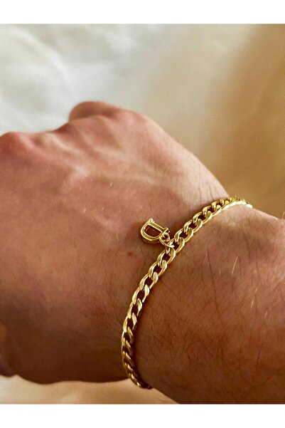 bijoux uniques سوار فاخر من الفولاذ مع حرف D ذهبي