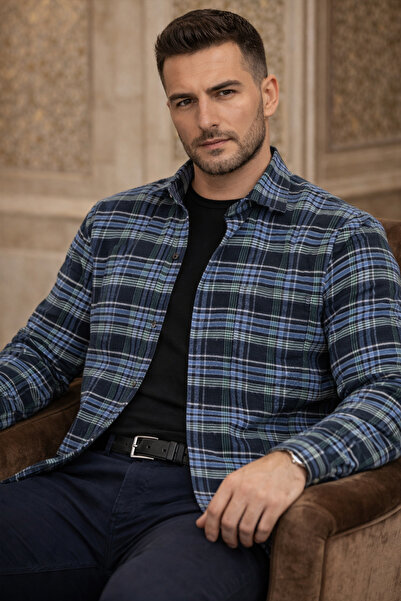 Varetta Erkek Mavi Kışlık Gömlek Klasik Kesim Cepli Kareli