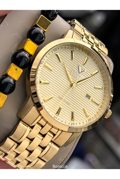 Fiesta ساعة يد رجالية فاخرة باللون الأصفر مع سوار فولاذي (لا يتغير لونه)