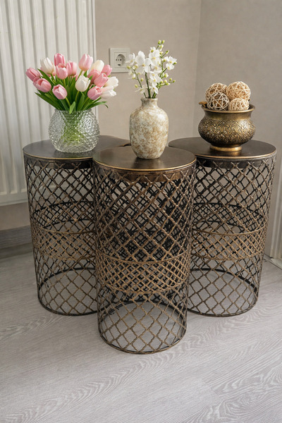 VENON Güven Avize Metal Modern Sehpa 3lü Takım Siyah Sarı Patine250x480)(300X...