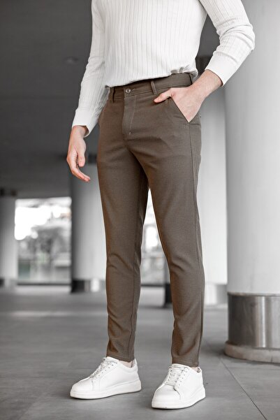 Ser Joven Pánske slim fit hnedé ľanové nohavice z lycry