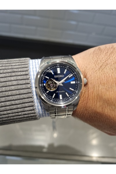 Seiko Automatic Navy Blue Open Heart Dial Steel Bracelet 10 Atm Water Resista...