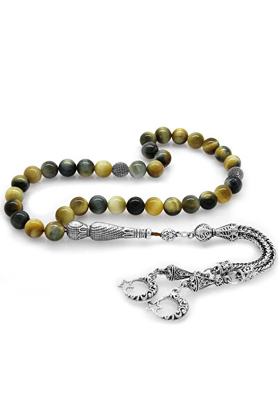 Tesbihane Αμαυρώστε το μέταλλο - Φούντα Σφαίρα κομμένη φυσική πέτρα Tiger Eye...