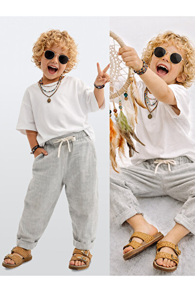 Denokids Băieți Fete Pantaloni unisex țesuți croială largă picioare duble pri...