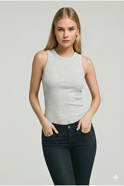 MİO ESTİLO Women's Halter Neck Ribbed Knit Corded Fabric Gray Tank Top – Novelle