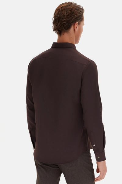 D'S Damat Ds Damat Slim Fit Bitter Coffee Oxford Button Collar Easy-Iron Embroidery Detailed Cotton Shirt