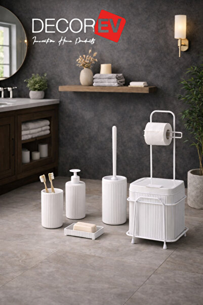 decorev Standlı Beyaz Banyo Aksesuar Seti Tuvalet Fırçası, Banyo Kovası, Sabu...