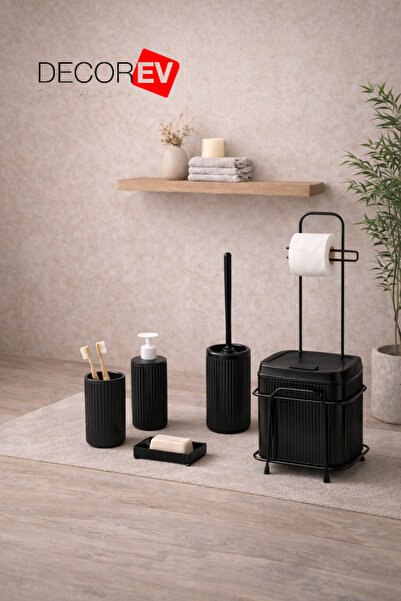 decorev Standlı Kare 6'lı Banyo WC Seti 5 Litre Çöp Kovası, Siyah