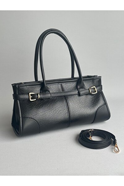 Women's Double Handle Crossbody Bag with Buckle Black
