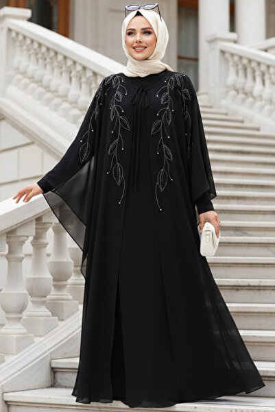 N.S NEVA STYLE فستان سهرة حجاب أسود مع كيب 25909S