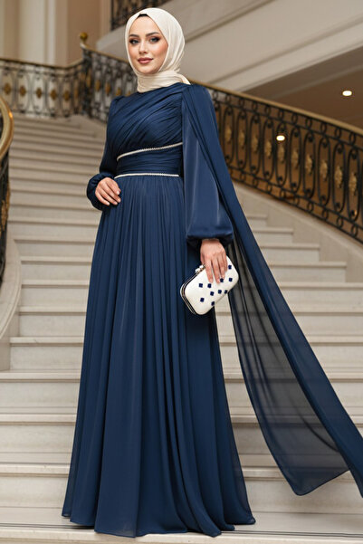 N.S NEVA STYLE - فستان سهرة محتشم باللون الأزرق الداكن مع تفاصيل الكاب 53021L