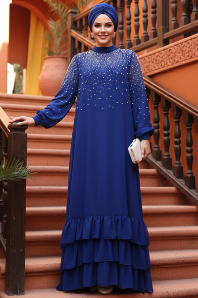 N.S NEVA STYLE Вечерна рокля с бродирани мъниста и саксофон в син цвят с хидж...