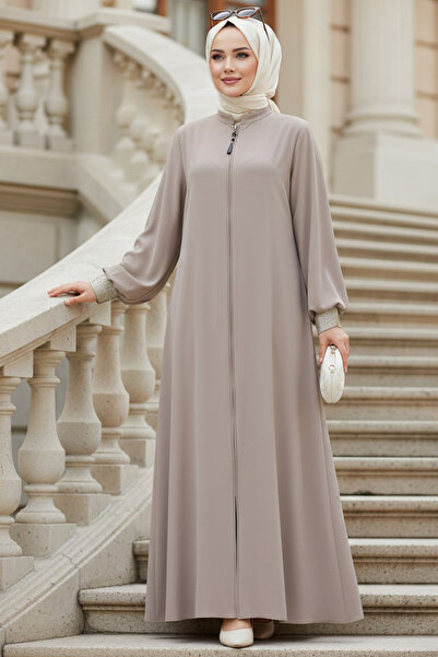 Neva Style Fermuarlı Bej Tesettür Abaya 35168BEJ