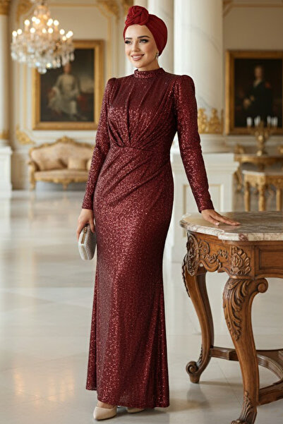 Neva Style Pul İşlemeli Bordo Tesettür Abiye Elbise 3976BR