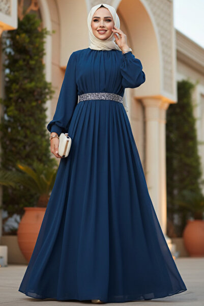 Neva Style فستان سهرة حجاب أخضر بترولي مطوي 25888PY