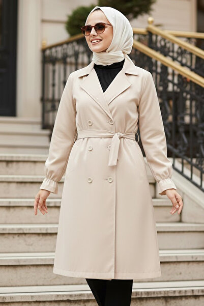 Neva Style Düğmeli Bej Tesettür Trençkot 5836BEJ
