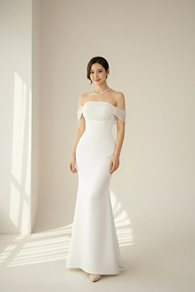 ENDAMIM İncili Drapeli Düşük Omuz Balık Kesim Beyaz Abiye Elbise – Nikah & Ni...