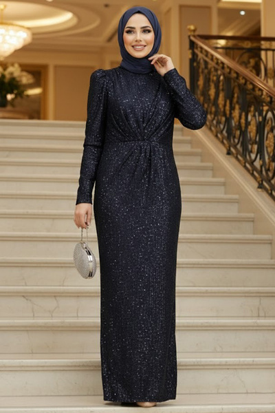 Neva Style Pul İşlemeli Lacivert Tesettür Abiye Elbise 3976L