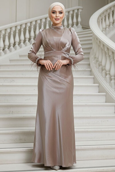 Neva Style Tüy Detaylı Vizon Tesettür Abiye Elbise 50481V