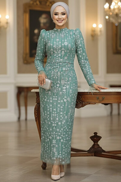 Neva Style Boncuk İşlemeli Çağla Yeşili Tesettür Abiye Elbise 52054CY