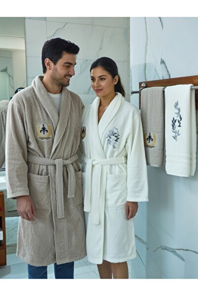 LE GULE HOME Aile Kadın Erkek Hamam Çeyizlik Havlulu Kutulu Lüks Bornoz Seti