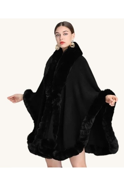 NeednStore Pelerina Poncho cu guler de blană de vulpe neagră pentru femei