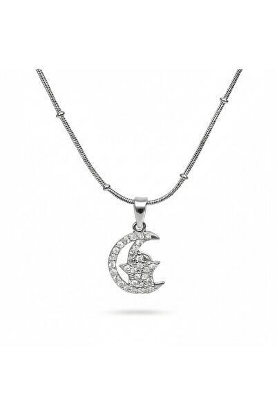 Tesbihane قلادة نسائية من الفولاذ - تصميم نجمة القمر - حجر الزركون الأبيض - م...
