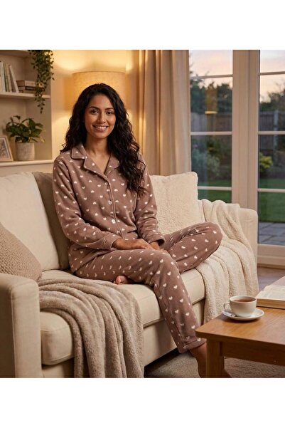 NOCHES PYJAMAS Women's Heart Patterned Shirt Collar Fleece Pajama Set