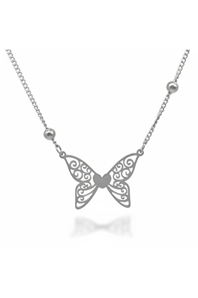 Tesbihane قلادة نسائية من الفولاذ - تصميم فراشة - لون فضي