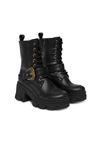 Versace Kadın Gold Toka Detaylı Kalın Tabanlı Bağcıklı Bot - Siyah