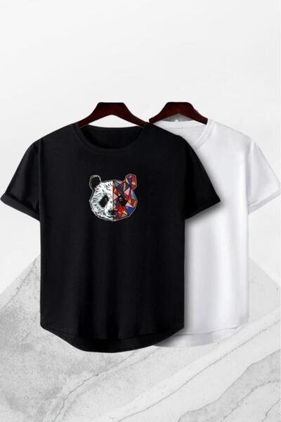 CAST COLLECTİON تي شيرت بيضاء وسوداء اللون للجنسين من Renkli Panda مطبوع مكون...