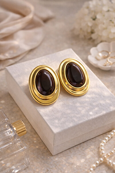POYASE Oval Form Gold Kaplama Büyük Kahve Taşlı Küpe | Modern & Şık Tasarım