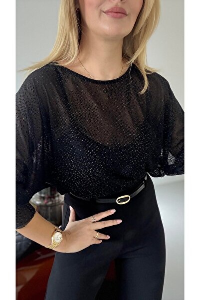 Büşra Butik YARASA KOL SİMLİ SİYAH TÜL BLUZ